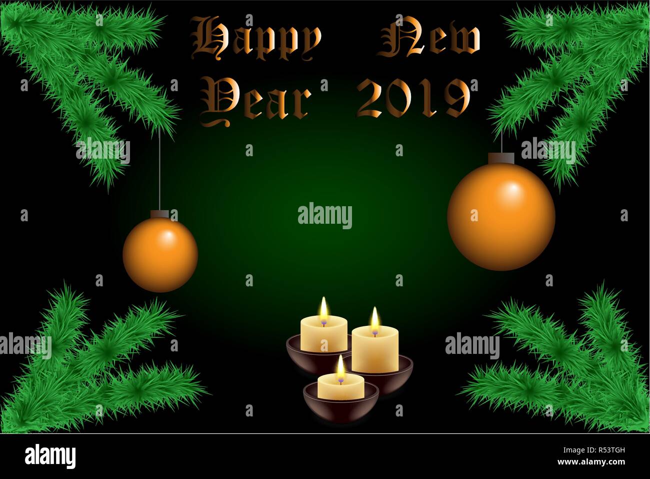 Weihnachtskarte mit Text Felder, Tannenzweigen und goldenen Kugeln, Kerzen und gold Text Stock Vektor