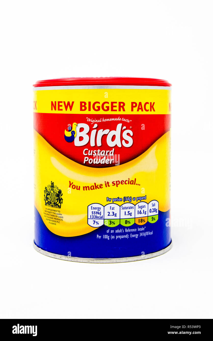 Bird's Custard Powder in einem neuen grösseren Pack. Stockfoto