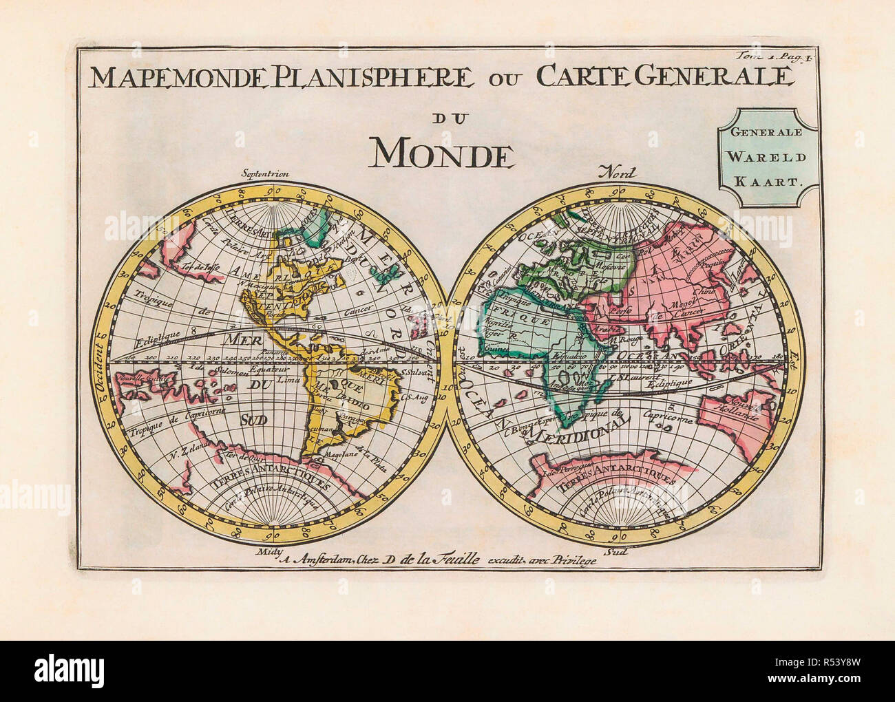 Weltkarte aus dem späten 17. oder frühen 18. Jahrhundert und in Amsterdam herausgegeben, in dem die östlichen und westlichen Hemisphären. Unter den vielen Ungenauigkeiten, die Kalifornien Region ist als eine Insel gezeigt. Stockfoto