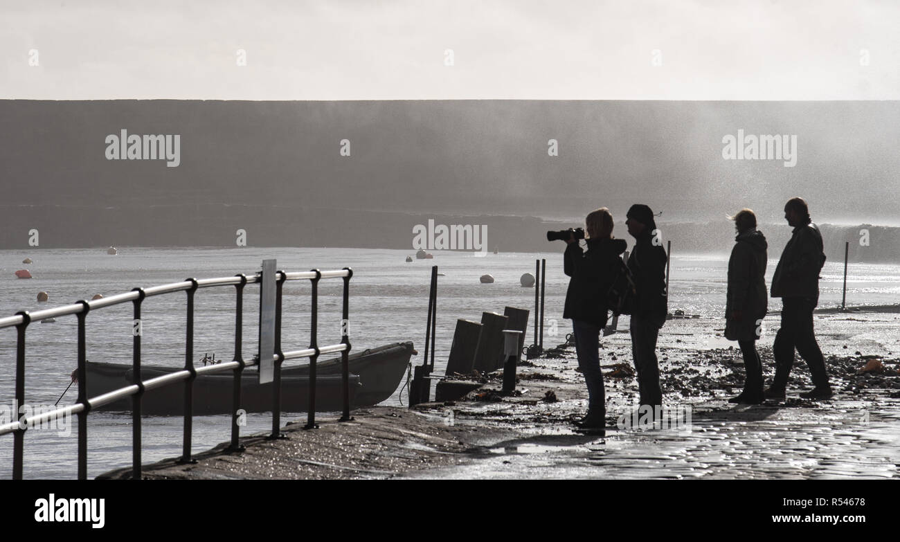 Lyme Regis, Dorset, Großbritannien. 29. November 2018. UK Wetter: Fotografen Foto der Hafen von Lyme Regis als Sturm Diana zerschlägt die historische Cobb. Credit: PQ/Alamy leben Nachrichten Stockfoto