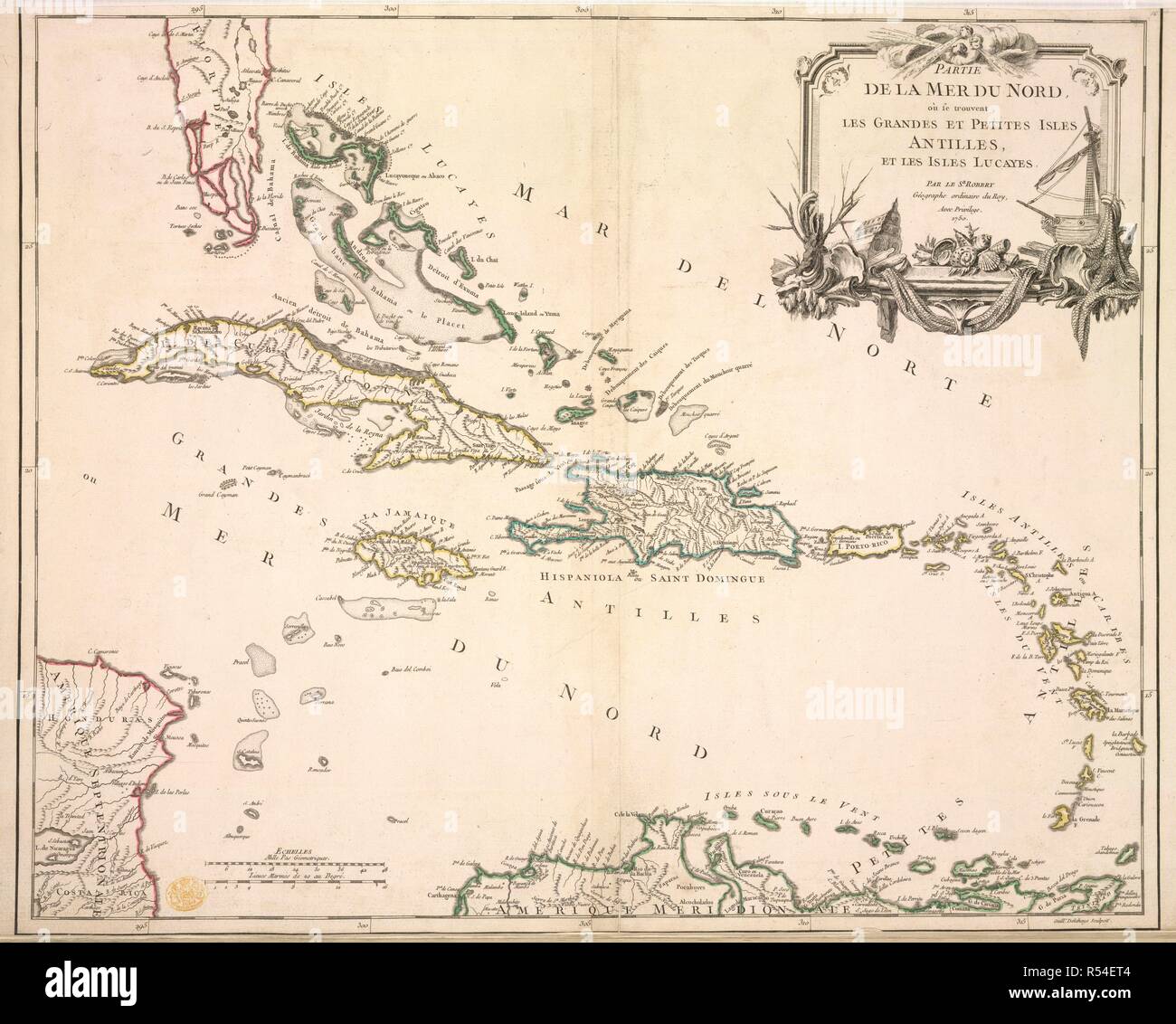 Die Antillen. Partie de la Mer du Nord, ou se trouvent Les grand. 1750. Die Größeren und Kleinen Antillen. Bild von der Partie de la Mer du Nord, ou se trouvent Les Grandes et petites Inseln Antillen, et Les Isles Lucayes, par le Sr Robert. Ursprünglich veröffentlicht in 1750 produziert. . Quelle: Maps.K.., 123.11. Sprache: Französisch. Stockfoto