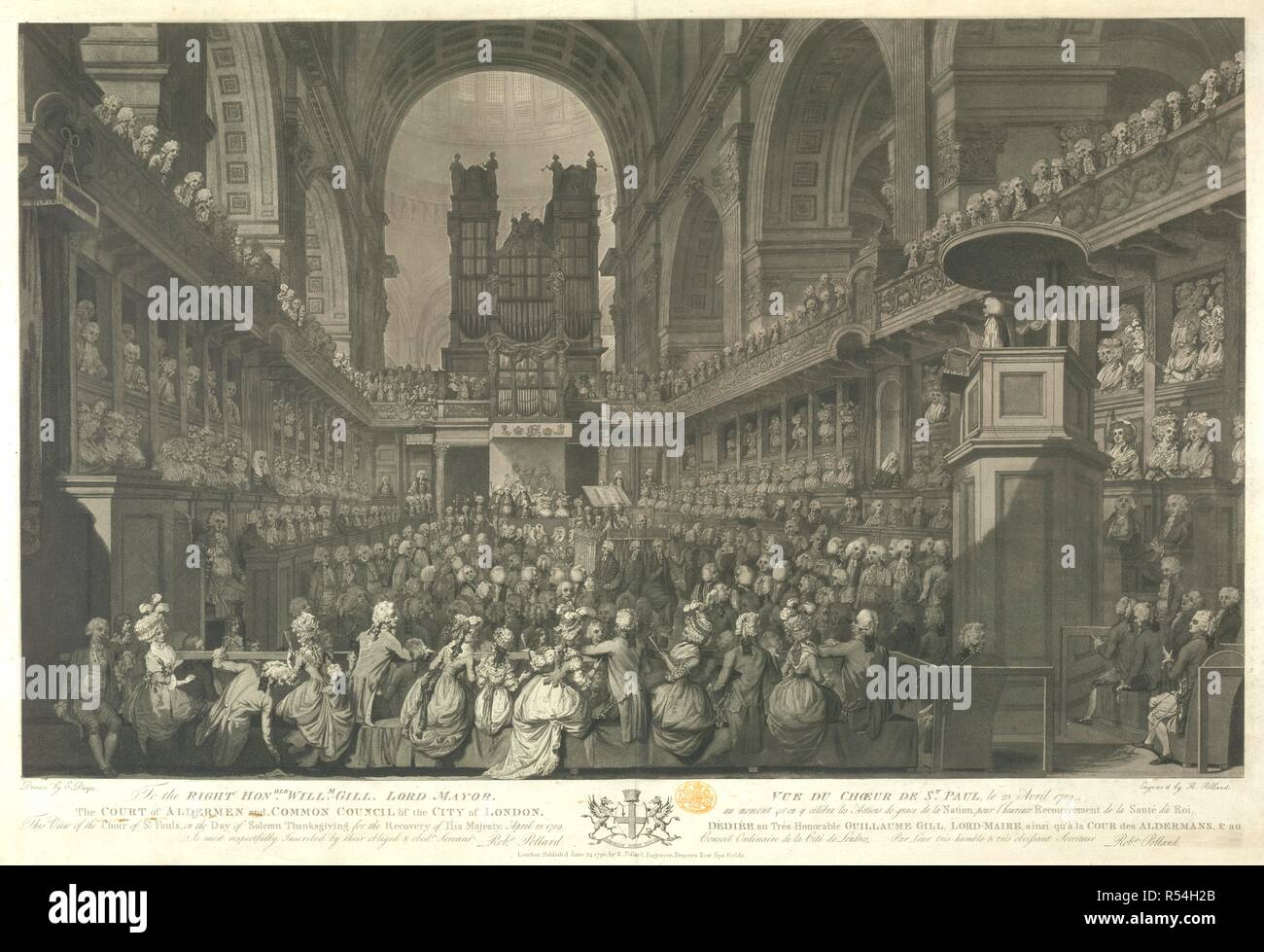 Ein Blick in die St. Paul's Kathedrale in Richtung der Orgel suchen, eine grosse Gemeinde in Anwesenheit von König Georg III. in den Dienst der Danksagung für seine Genesung montiert, in einem Kasten mit Mitgliedern der königlichen Familie in der Mitte sitzt. Der Bischof von London in die Kanzel im Vordergrund rechts, seine Hand hob, als ob der Chat Massen Stille. Auf der rechten Seite HON. BLE WIRD. M GILL, OBERBÜRGERMEISTER. Der Gerichtshof der Stadträte und der gemeinsame Rat der Stadt London. Diese Sicht der Blick auf den Chor von St. Paul's, am Tag der feierliche Danksagung für die Verwertung seiner Majestät, 23. April 1789... London Publ Stockfoto