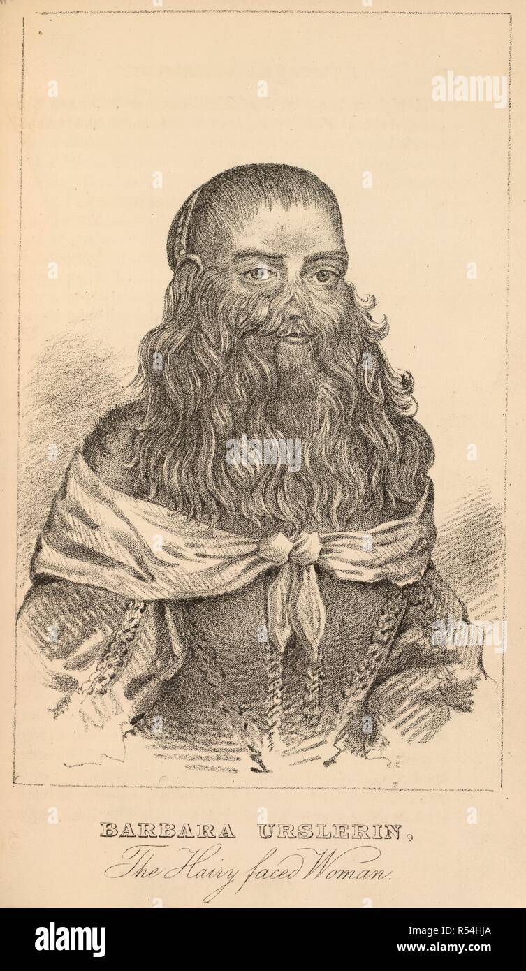 Barbara Urslerin, die behaarte Frau konfrontiert. (1629-? ). In der Nähe von Augsburg in Deutschland geboren. Das Buch der wunderbaren Figuren, ... vor allem aus dem Text von H. W. und J. Caulfield dargestellt, etc. [Mit Vorbemerkungen von S. S.-G. H.]. London, 1869. Quelle: 2407. bb. 2, frontispiz. Sprache: Englisch. Autor: Henry Wilson. Stockfoto