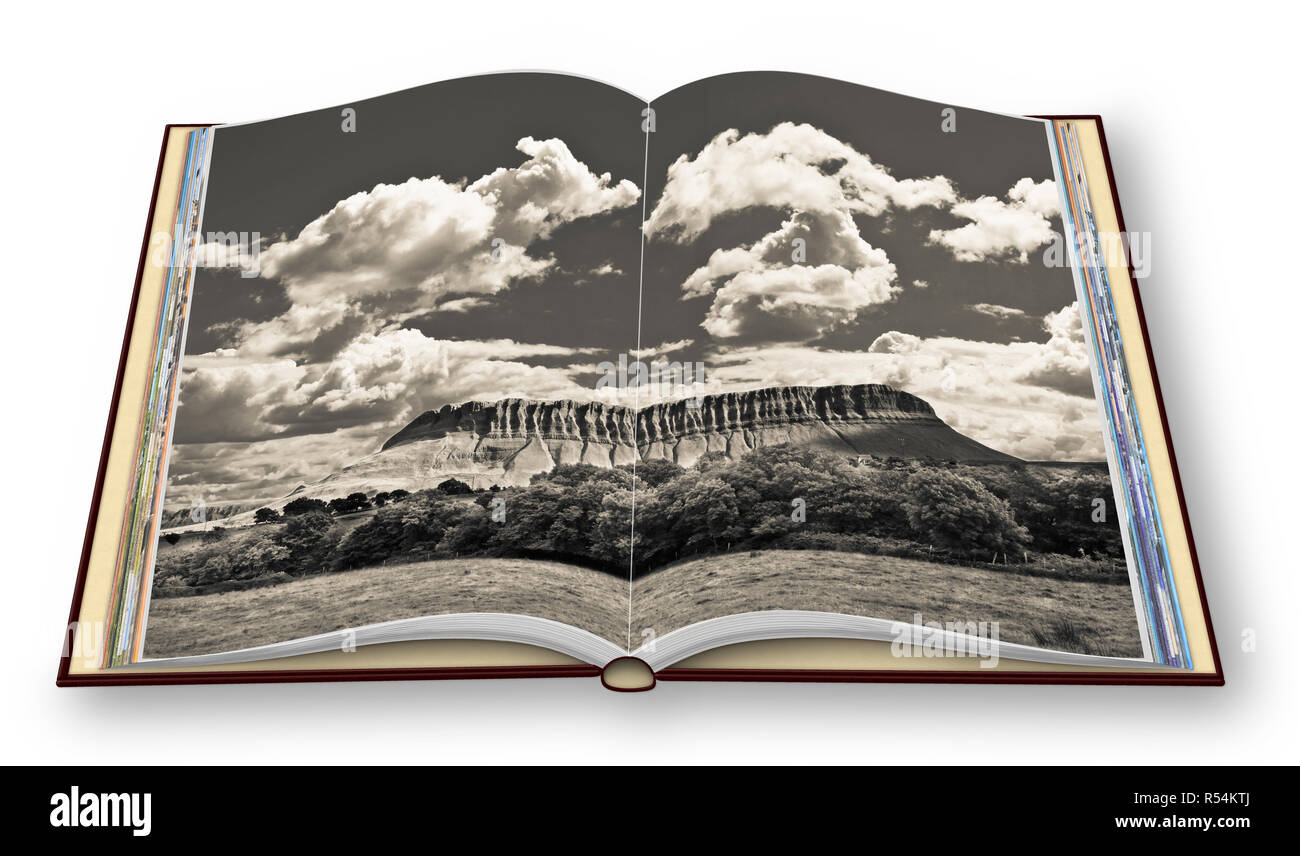 Typisch irische Landschaft mit den Ben Bulben Berg namens "Table Mountain" für seine besondere Form (County Sligo, Irland) - 3D-Render Foto bo Stockfoto