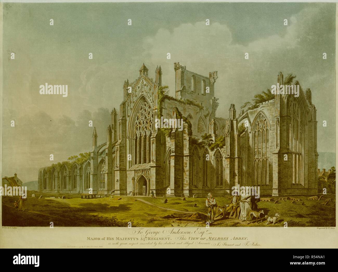 Figuren mit Hunde vor den Ruinen der Melrose Abbey; eine andere Abbildung graben ein Grab, Grabstein und Denkmäler im Vordergrund; Bäume auf der rechten Seite; Gebäude auf beiden Seiten. George Anderson Esqr großen seiner 34th REGIMENT SEINER MAJESTÄT. Diese SICHT DER MELROSS ABTEI. : Ist mit großem Respekt eingeschrieben durch seinen Gehorsam und verpflichtet Diener J. Steuart und F. Jukes. London: Pubd am 30. März 1798 von F. Jukes Howland Street., [30 März 1798]. Quelle: Karten K. Top. 50.92. Ein. Sprache: Englisch. Stockfoto