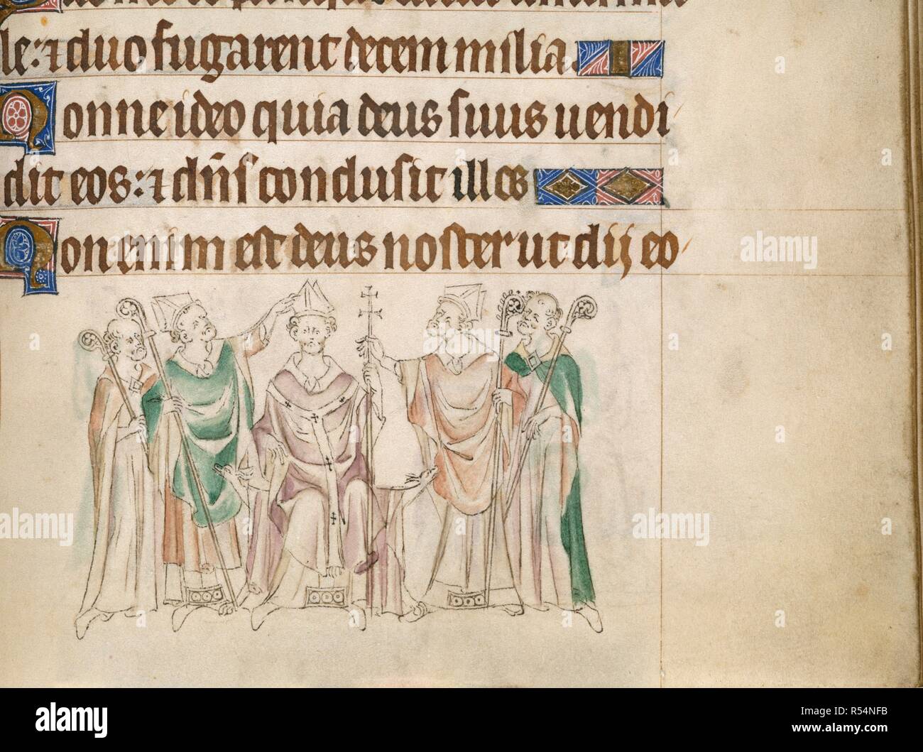 Thomas ist Erzbischof geweiht. Queen Mary Psalter. England (London?); ca. 1310-1320. (Miniatur) Bas-de-Seite Szene, Thomas Becket, tragen, Hut, Gewänder und Pall, Kreuz, zum Erzbischof von Canterbury. Bild von der Queen Mary Psalter entnommen. Ursprünglich veröffentlichte/hergestellt in England (London?); ca. 1310-1320. . Quelle: Royal 2 B VII, f291. Sprache: Latein. Stockfoto