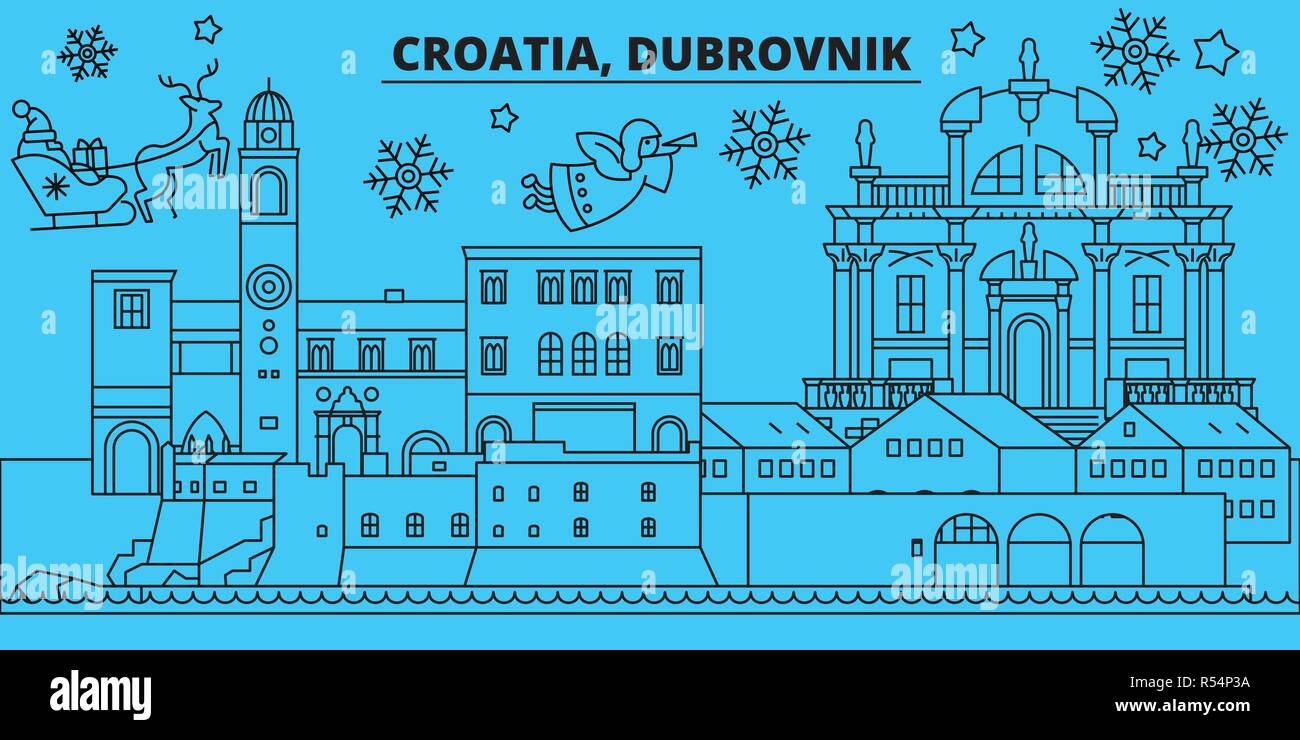 Kroatien, Dubrovnik Winterferien Skyline. Fröhliche Weihnachten, Frohes Neues Jahr eingerichteten Banner mit Santa Claus. Kroatien, Dubrovnik lineare Weihnachtsstadt Vektor flachbild Abbildung Stock Vektor