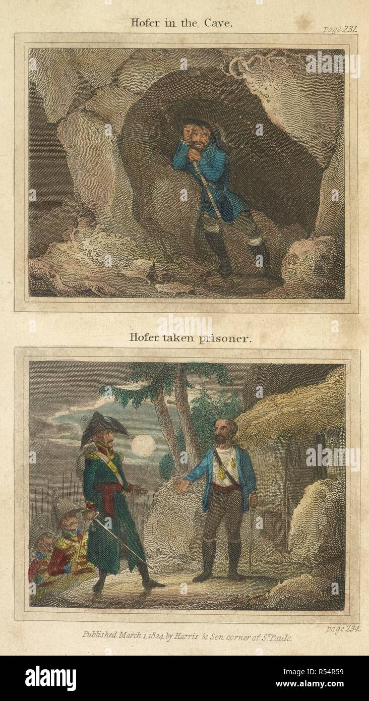 Hofer in der Höhle". "Hofer gefangen genommen'. Andreas Hofer (22. November 1767 â € "20. Februar 1810) war ein Tiroler Wirt und Patriot. Er war der Anführer einer Rebellion gegen Napoleons Truppen. Er war ein Gastwirt drehte sich Politiker, der für Österreich gegen die Franzosen, die während des Krieges von der Dritten Koalition gekämpft. Im Jahre 1809 wurde er der Führer einer Rebellion gegen Franco-Bavarian Kräfte, die der Krieg der Fünften Koalition ausgelöst. Hofer versteckte sich in einer Hütte in den Bergen im Passeiertal und der Französischen kündigte eine Belohnung von 1500 Gulden für den Kopf. Sein Nachbar Franz Raffl verraten ihm ein Stockfoto