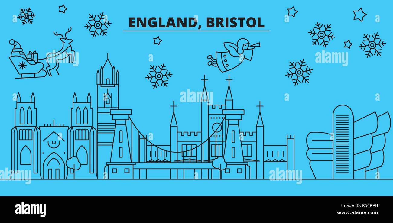 Großbritannien, Bristol Winterurlaub Skyline. Fröhliche Weihnachten, Frohes Neues Jahr eingerichteten Banner mit Santa Claus. Großbritannien, Bristol lineare Weihnachtsstadt Vektor flachbild Abbildung Stock Vektor