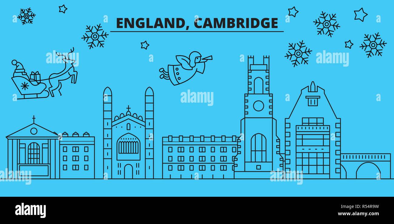 Großbritannien, Cambridge Winterurlaub Skyline. Fröhliche Weihnachten, Frohes Neues Jahr eingerichteten Banner mit Santa Claus. Großbritannien, Cambridge lineare Weihnachtsstadt Vektor flachbild Abbildung Stock Vektor