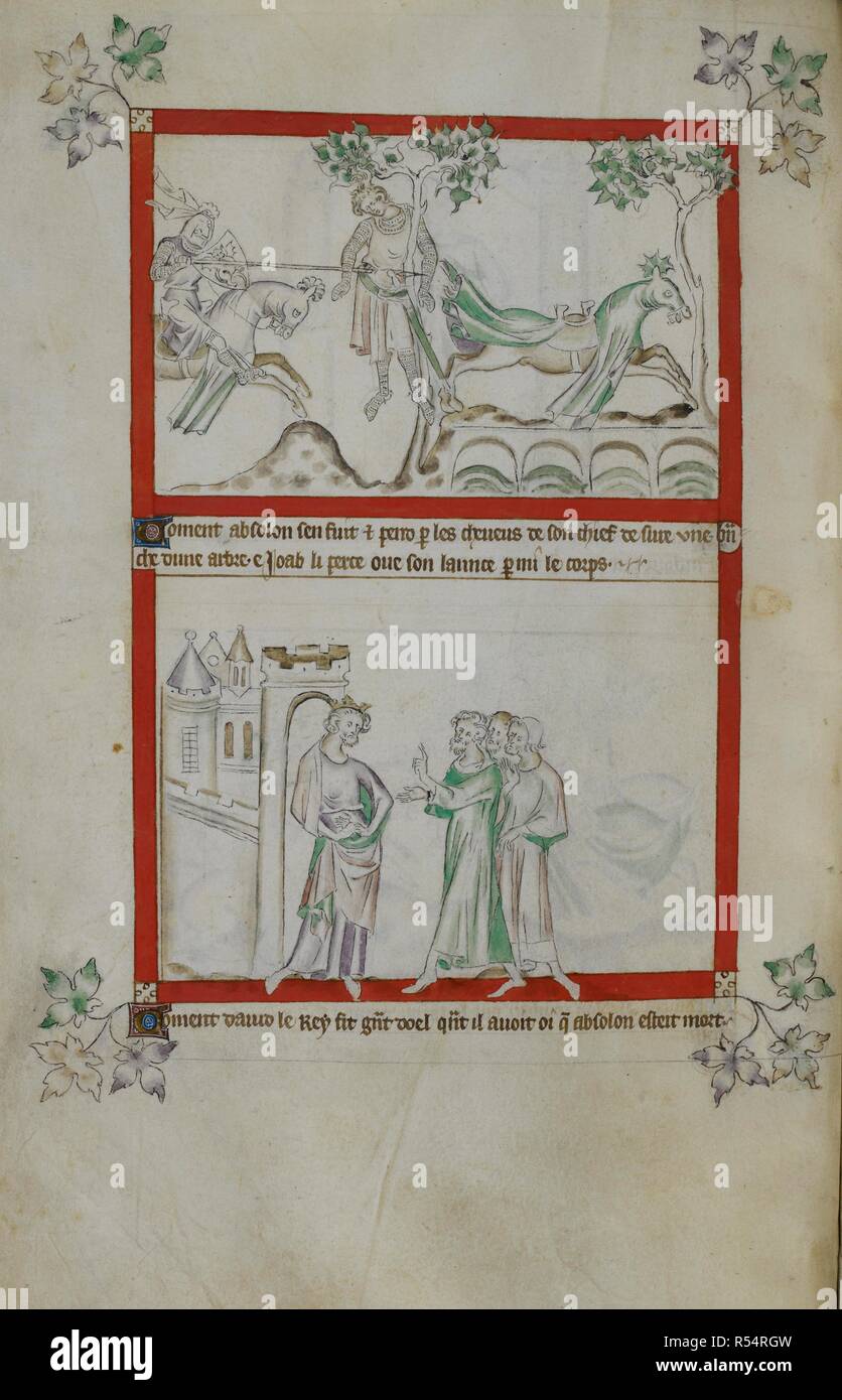 Oben, Absalom, durch seine Haare in einem Baum verfangen, wird von Joab