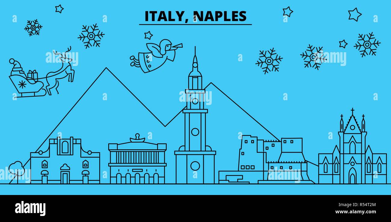 Italien, Neapel Winterurlaub Skyline. Fröhliche Weihnachten, Frohes Neues Jahr eingerichteten Banner mit Santa Claus. Italien, Neapel lineare Weihnachtsstadt Vektor flachbild Abbildung Stock Vektor