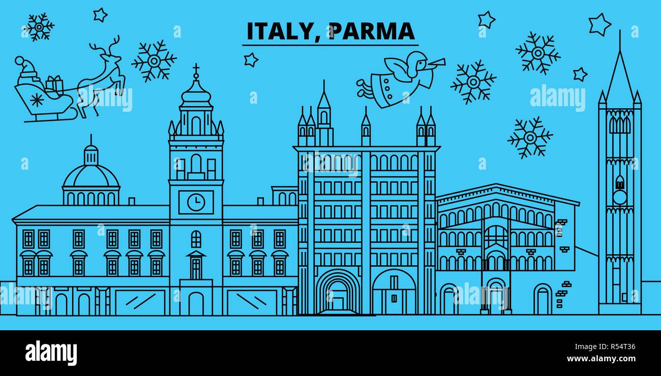 Italien, Parma Winterurlaub Skyline. Fröhliche Weihnachten, Frohes Neues Jahr eingerichteten Banner mit Santa Claus. Italien, Parma lineare Weihnachtsstadt Vektor flachbild Abbildung Stock Vektor