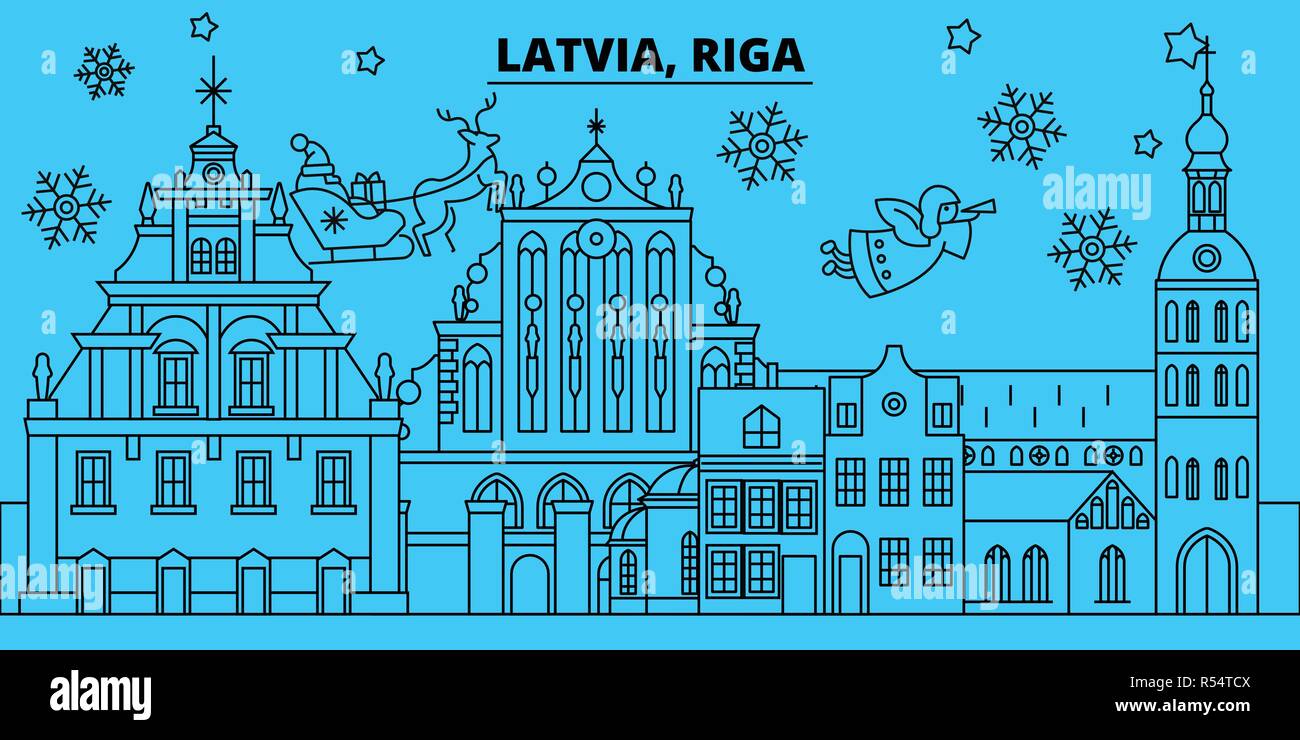 Lettland, Riga Winterurlaub Skyline. Fröhliche Weihnachten, Frohes Neues Jahr eingerichteten Banner mit Santa Claus. Lettland, Riga lineare Weihnachtsstadt Vektor flachbild Abbildung Stock Vektor