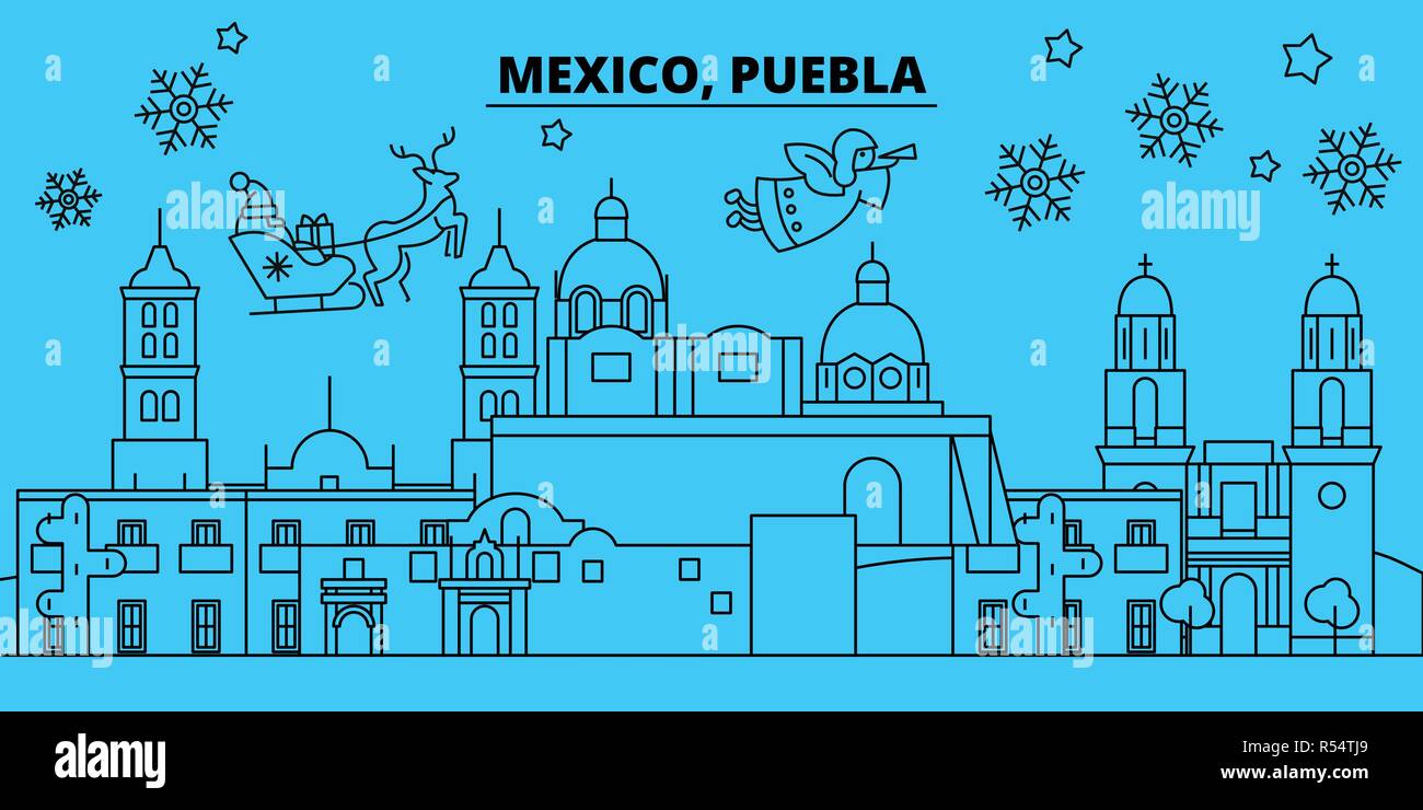 Mexiko- Stadt, Puebla Winterurlaub Skyline. Fröhliche Weihnachten, Frohes Neues Jahr eingerichteten Banner mit Santa Claus. Mexiko- Stadt, Puebla lineare Weihnachtsstadt Vektor flachbild Abbildung Stock Vektor