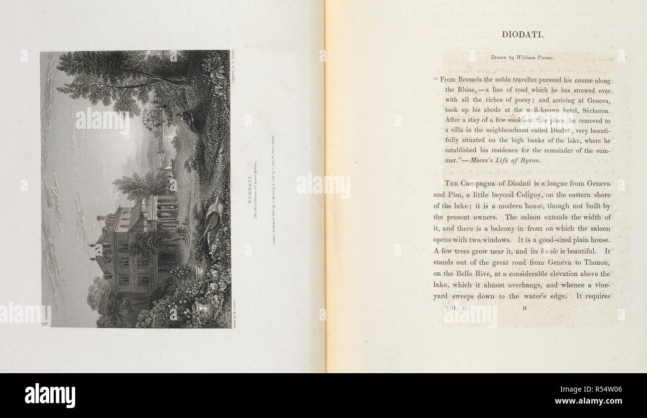 Diodati'. Die Residenz des Lord Byron. Abbildung: ein Haus und Text. Die Villa Diodati, Cologny, Schweiz, ist bekannt als die Sommerresidenz von Lord Byron, Mary Shelley, Percy Shelley, John Polidori und andere, im Jahre 1816, wo die Grundlage für die klassischen Horrorgeschichten Frankenstein und die vampyre gelegt wurde. Finden sich Darstellungen von Leben und Werk von Lord Byron. [Durch E. F. und W. finden.] Mit original und ausgewählte Informationen zu den Themen der Gravuren, von W. Brockedon. London: John Murray, 1833, 34. Quelle: 841. m. 18-20. Thema: FINDEN, Edward. Stockfoto