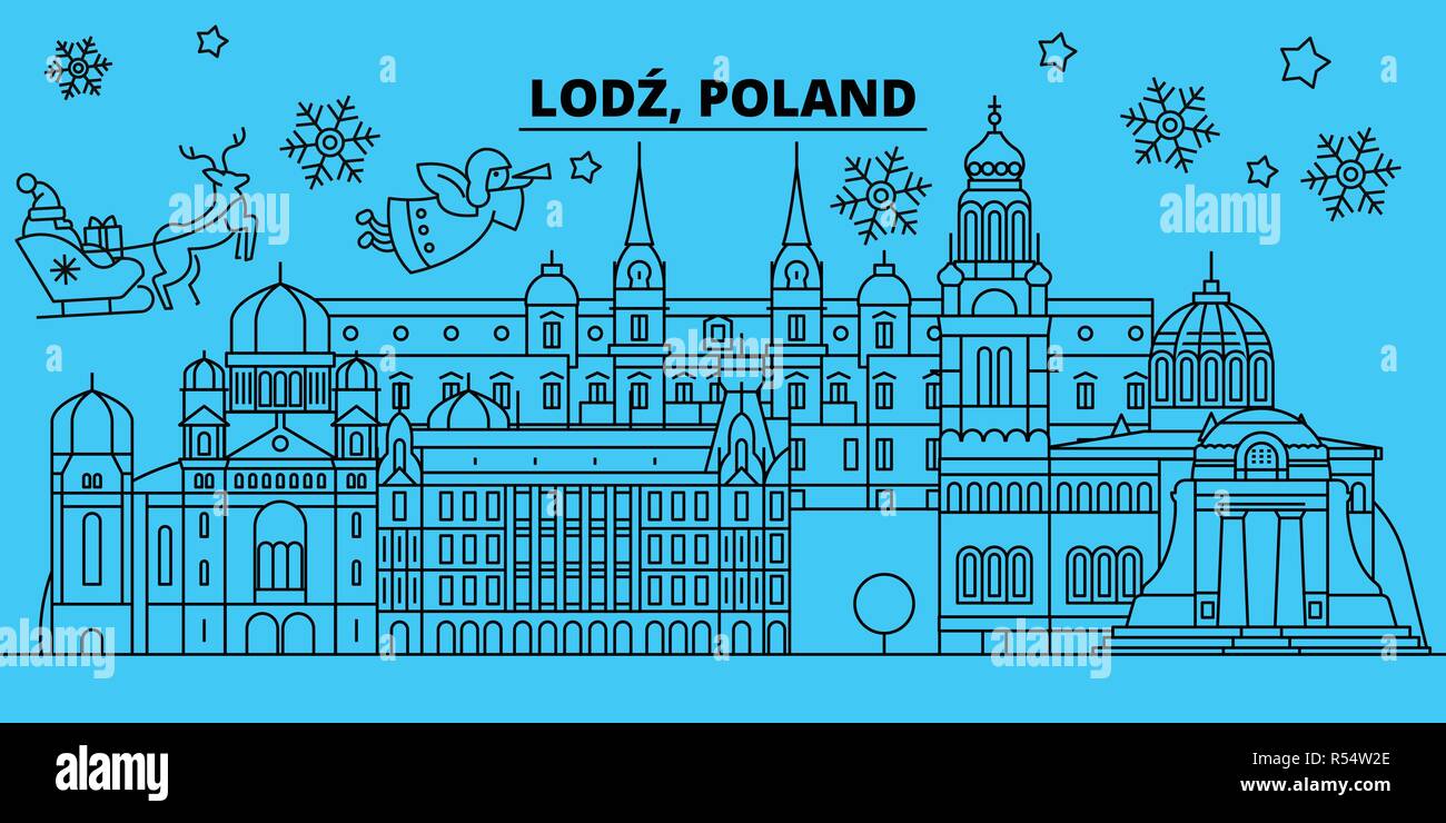 Polen, Lodz Winterurlaub Skyline. Fröhliche Weihnachten, Frohes Neues Jahr eingerichteten Banner mit Santa Claus. Polen, Lodz lineare Weihnachtsstadt Vektor flachbild Abbildung Stock Vektor