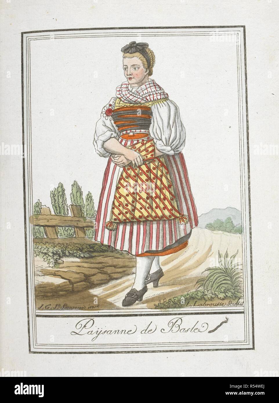 Paysanne de Basel. Bauer von Basel. EncyclopeÌdie des Voyages, Contenant l'abreÌgeÌ Historique de mÅ" Urs ...de tous les peuples et la collection complette de leurs habillemens civils, Militaires, dignitaires religieux et, d'dessineÌs apreÌ € s Natur,... et colorieÌs aÌ € l'Aquarelle. Paris, 1796. Quelle: 1259) b) 13-17, Tom. Platte 31. Sprache: Französisch. Autor: GRASSET DE SAINT-SAUVEUR, Jacques. Stockfoto