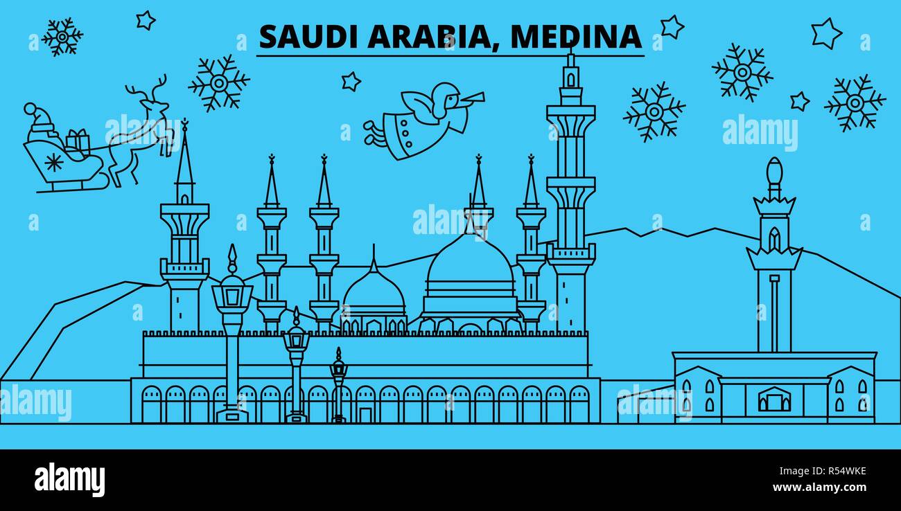 Saudi-arabien, Medina Winterurlaub Skyline. Fröhliche Weihnachten, Frohes Neues Jahr eingerichteten Banner mit Santa Claus. Saudi-Arabien, Medina lineare Weihnachtsstadt Vektor flachbild Abbildung Stock Vektor