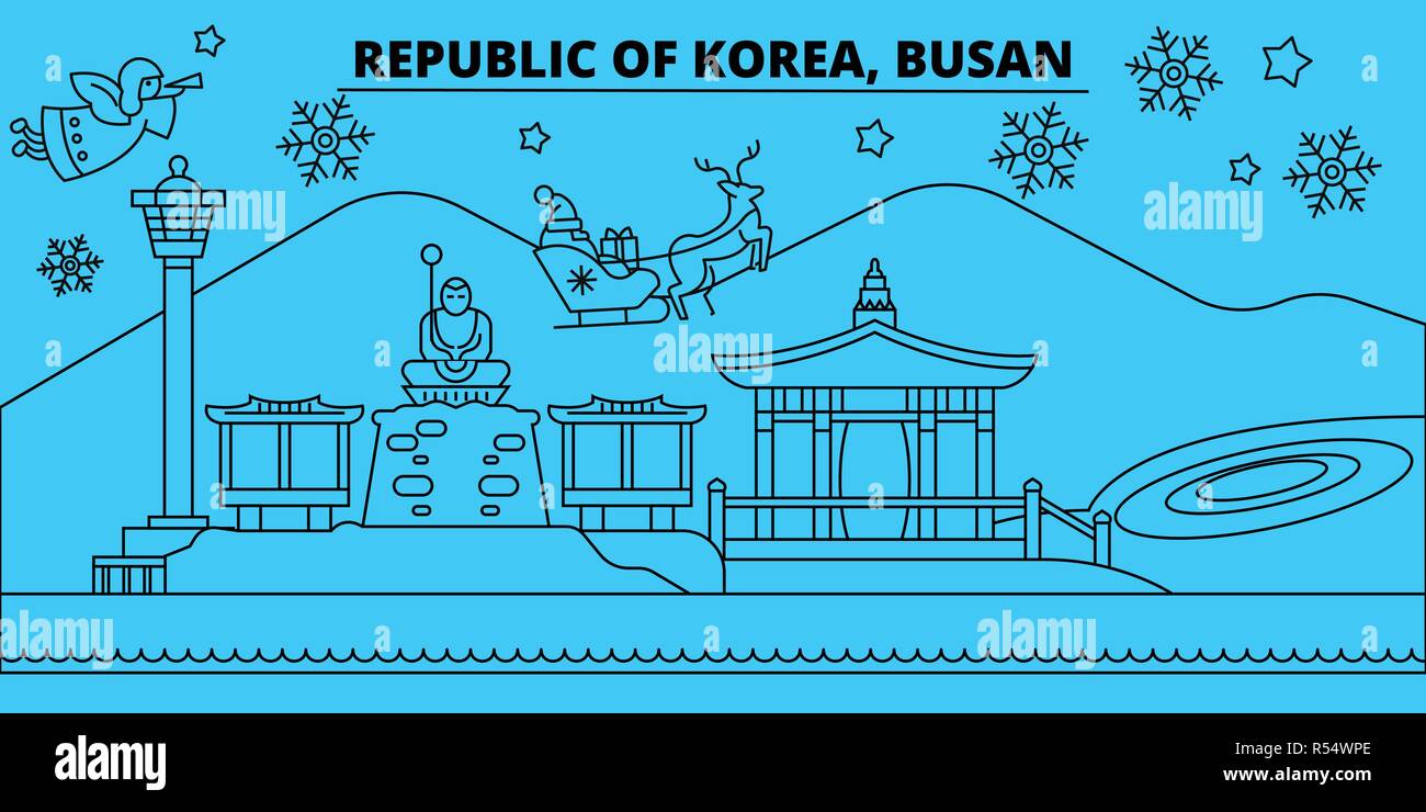 Südkorea, Busan Winterurlaub Skyline. Fröhliche Weihnachten, Frohes Neues Jahr eingerichteten Banner mit Santa Claus. Südkorea Busan lineare Weihnachtsstadt Vektor flachbild Abbildung Stock Vektor