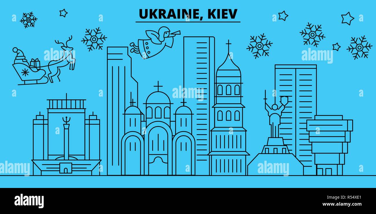 Ukraine, Kiew Winterurlaub Skyline. Fröhliche Weihnachten, Frohes Neues Jahr eingerichteten Banner mit Weihnachtsmann. die Ukraine, Kiew lineare Weihnachtsstadt Vektor flachbild Abbildung Stock Vektor