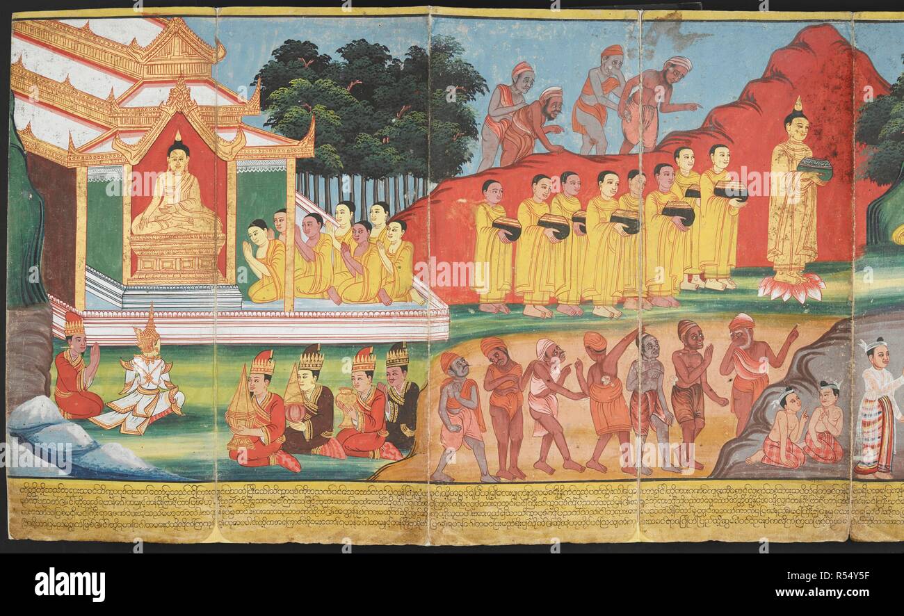 Szenen aus dem Leben des Buddha. Das Leben des Buddha. Birma, Anfang des 19. Jahrhunderts. Quelle: Oder. 5757, f 4. Sprache: Burma. Stockfoto