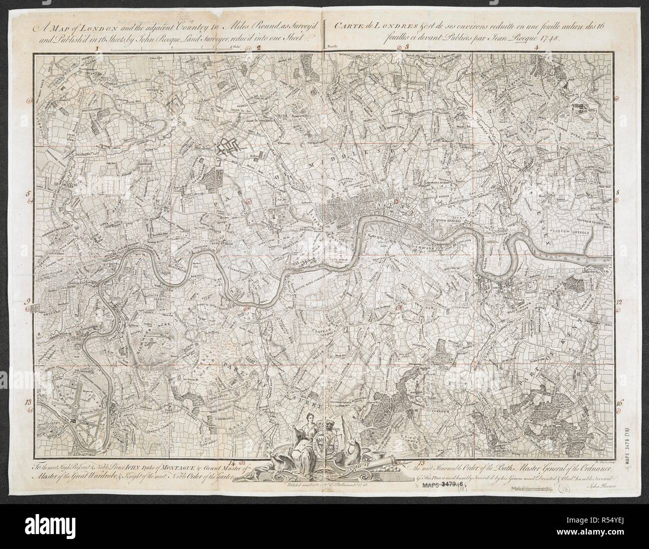 Eine Karte von London und die Umgebung (10 km). Eine genaue Übersicht über die City von London Westminster, ihr Stadtteil Southwark und das Land in der Nähe von zehn Meilen rund; im Jahre 1741 begonnen und endete im Jahre 1745, von J. Rocque; und engrav würde von R. Parr, 1746. Skala von 1 Meile [= 130 mm]. London, 1748. Quelle: Karten*3479. (18.). Sprache: Englisch und Französisch. Autor: John Russell. Stockfoto