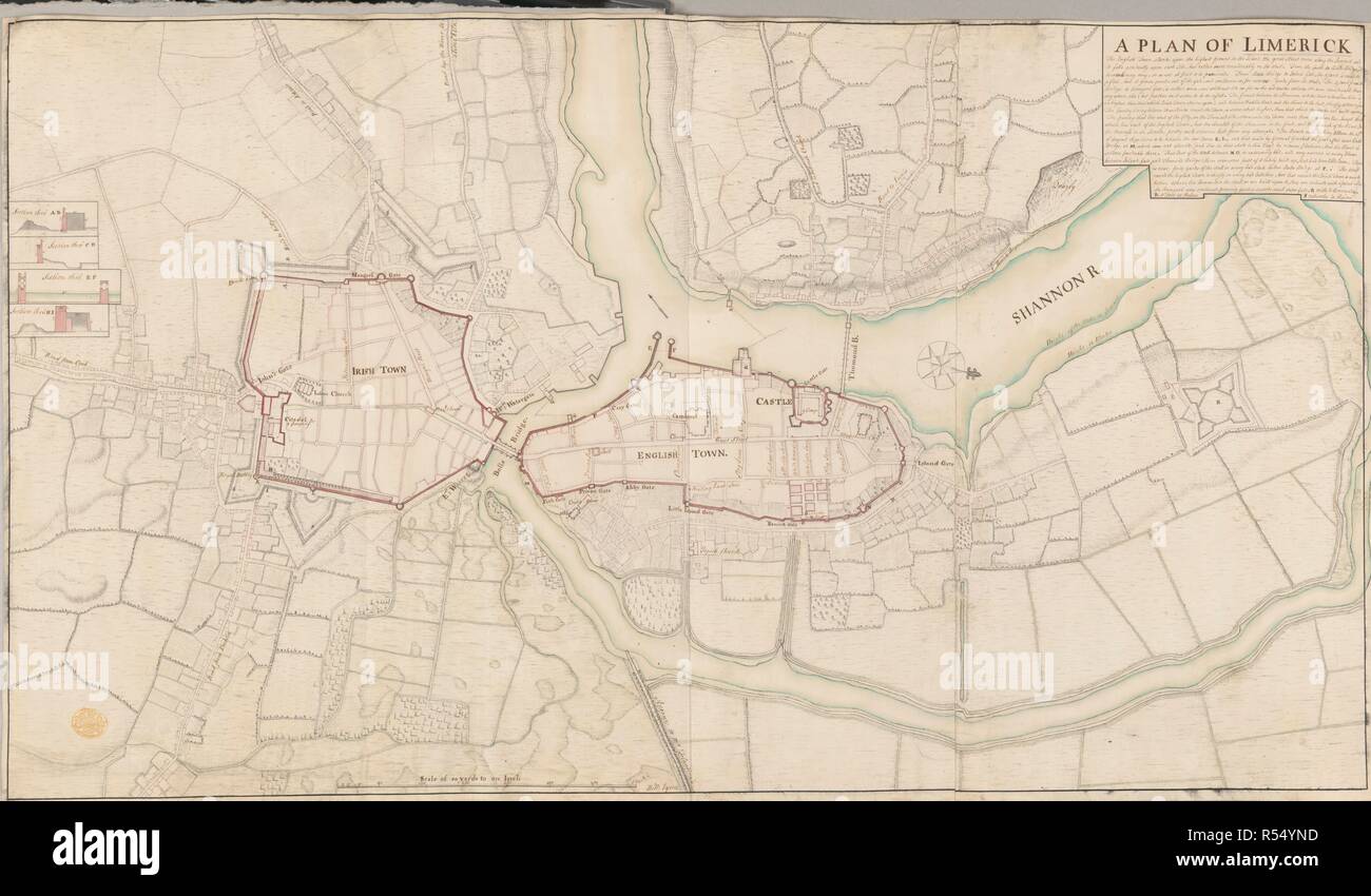 Ein farbiger Plan von Limerick und Teil des angrenzenden Landes; von William Eyres, 1752, auf einer Skala von 80 Yards zu einem Zoll gezeichnet. Ein farbiger Plan von Limerick ... 1752. Frau 2 w. 8 x 1 W. 6.; 81 x 46 cm; Maßstab 1:2 880. 80 Yards zu einem Zoll. Quelle: Karten K. Top. 54.21. Stockfoto