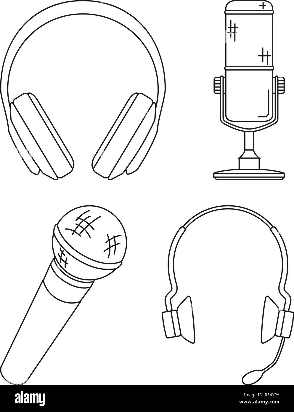 Line Art Schwarz und Weiß verschiedene Headset Sammlung Stock Vektor