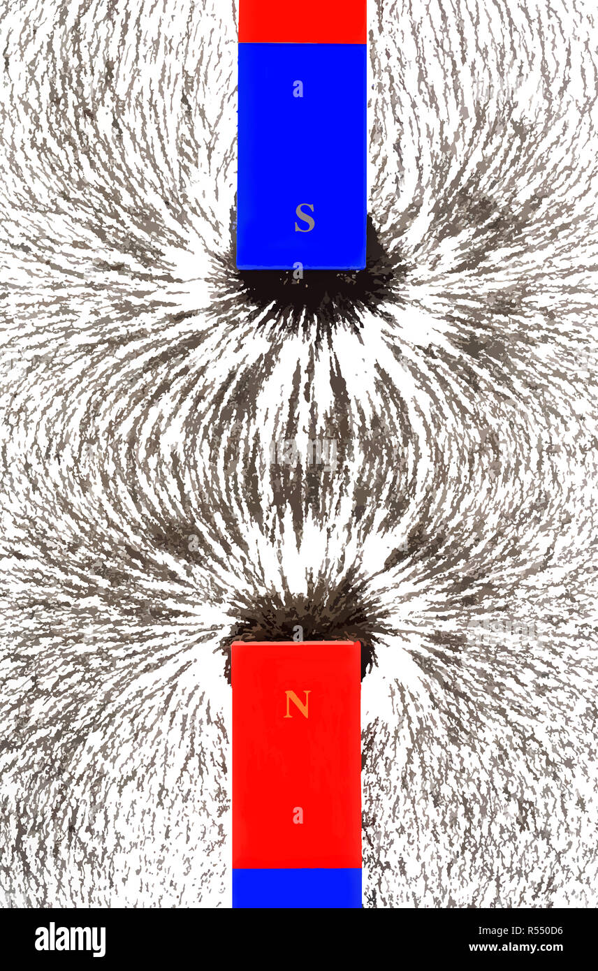 Magnetische Anziehung, Illustration. Eisenspäne zeigen die Wechselwirkung der magnetischen Felder, wenn entgegengesetzte Pole von bar Magnete sind zusammen gebracht. Stockfoto