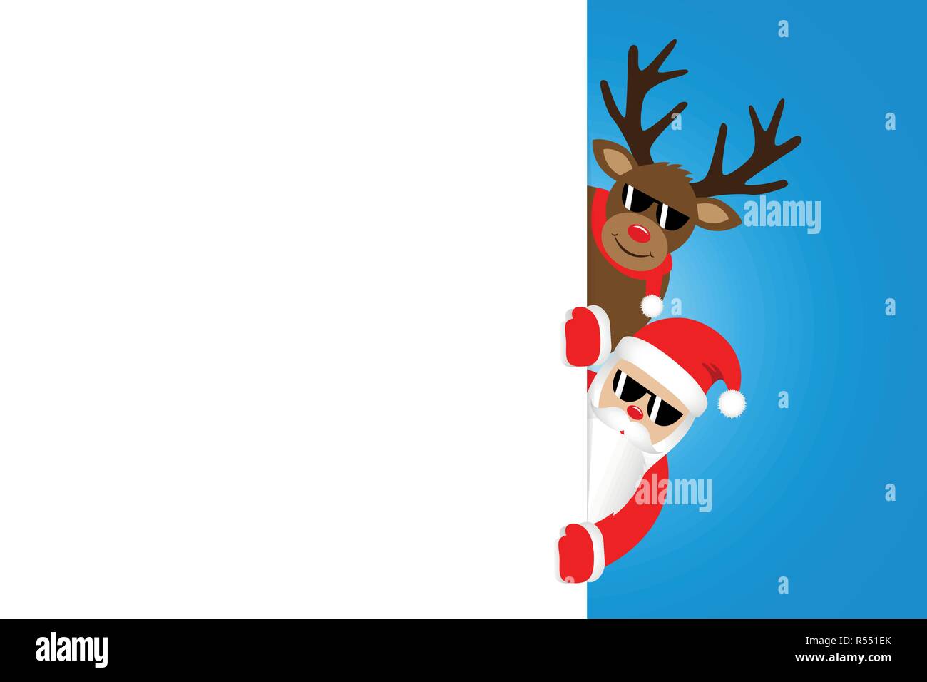 Cool Weihnachtsmann und Rentier mit Sonnenbrille Weihnachten cartoon weiße Fahne für Kopie Raumzeiger Abbildung: EPS 10. Stock Vektor