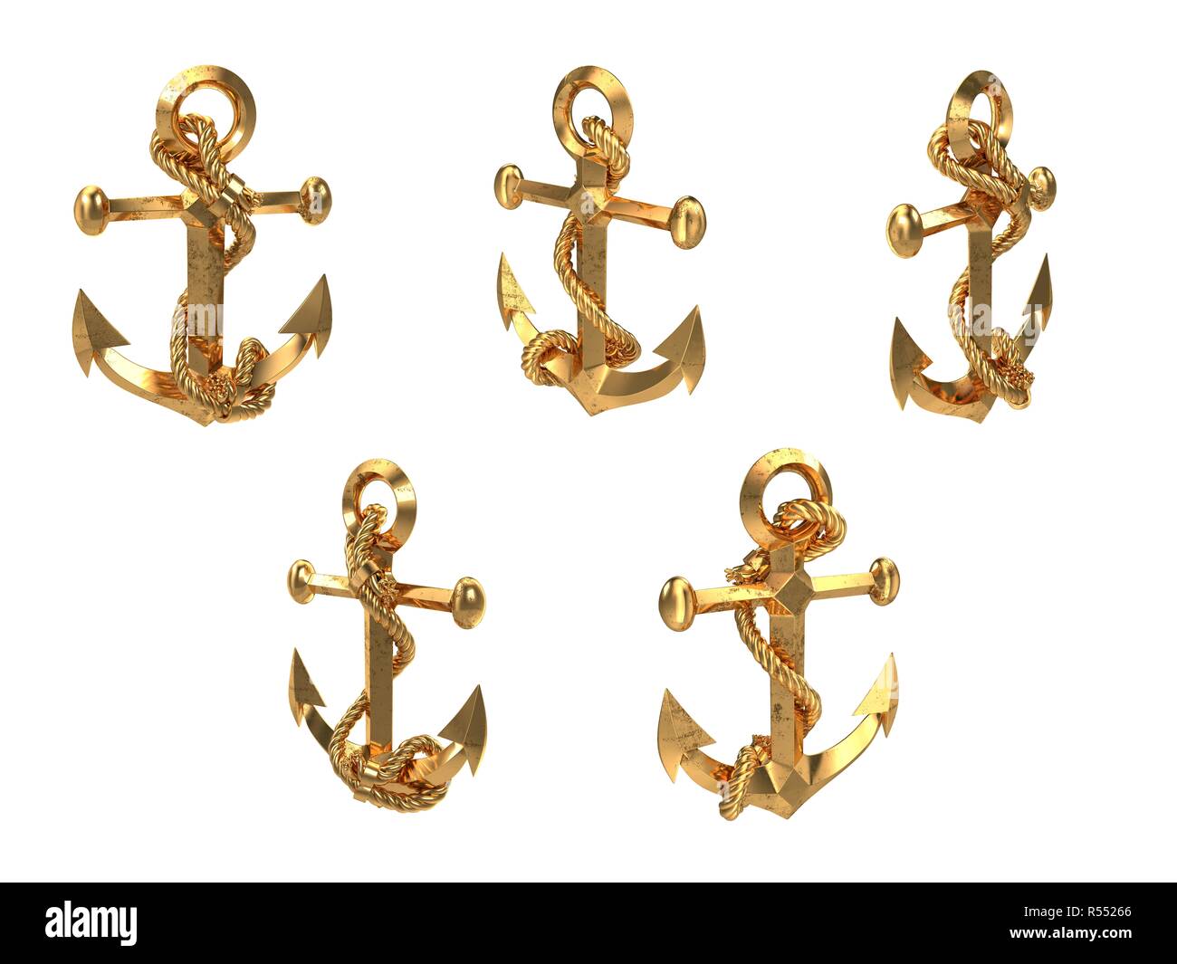 Golden Sea Anchor auf einem weißen Hintergrund. 3D-Darstellung Stockfoto