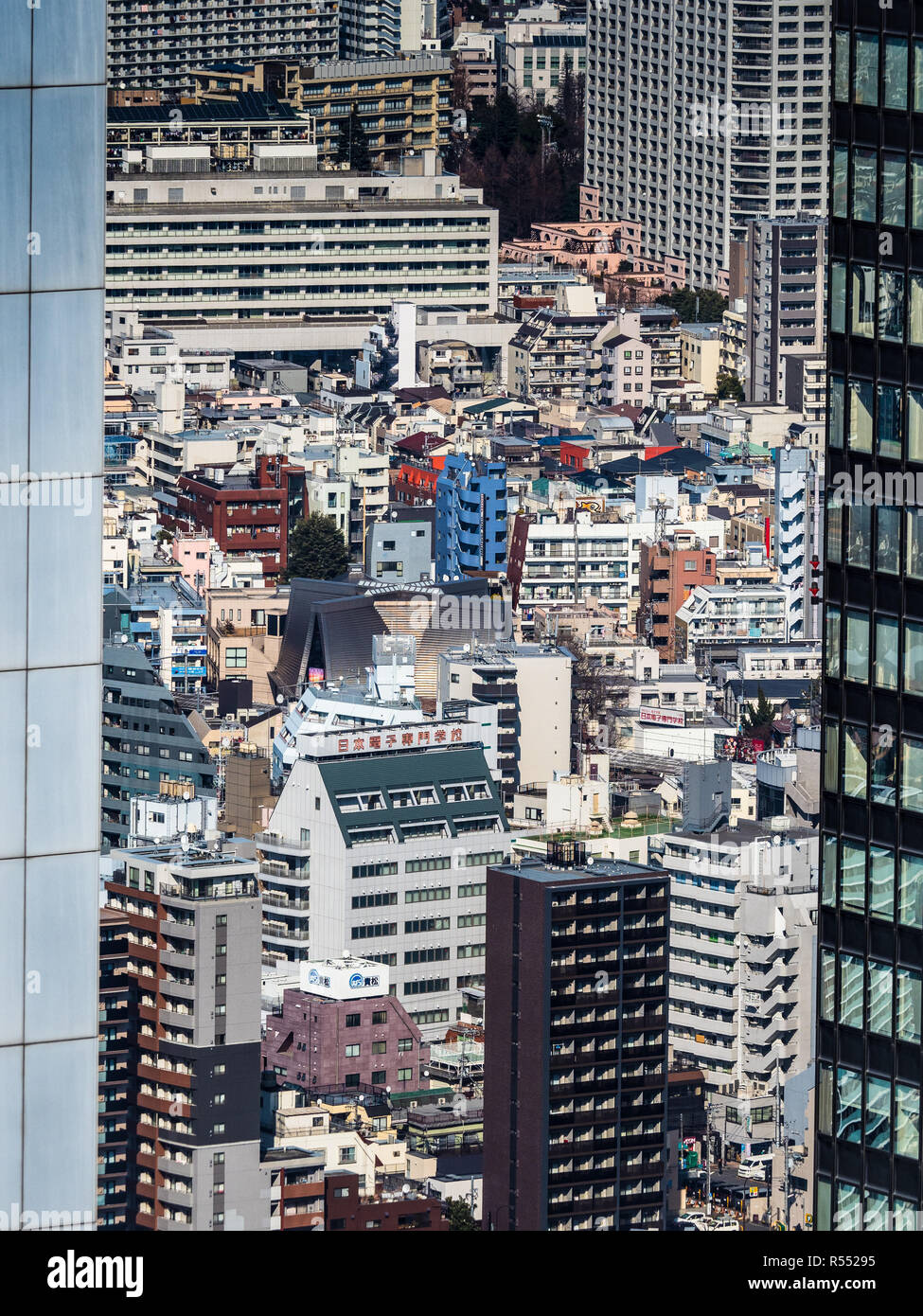 Tokio mit hoher Dichte - das überfüllte Tokio - Blick auf die überfüllten Gebäude im japanischen Stadtbild von Tokio Stockfoto