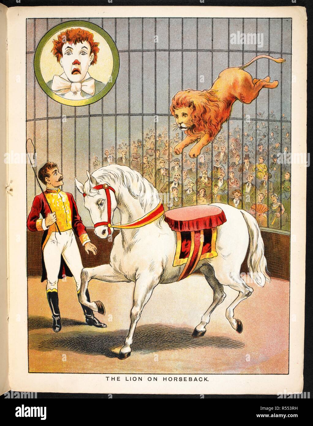 "Der Löwe auf dem Rücken der Pferde". Ein löwenbändiger, Pferd und Löwen, in einem Zirkus handeln. Der Zirkus Buch. [Bilder für Kinder.]. G. Routledge & Söhne: [London; in Holland, 1890 Lithographiert.]. Quelle: 12807.62 Seite 7. Sprache: Englisch. Autor: Anon. Stockfoto