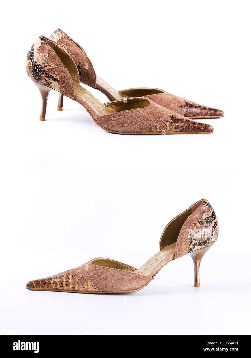 Paar Leder elegante Schuh auf weißem Hintergrund, isolierte Produkt, bequemes Schuhwerk. Stockfoto