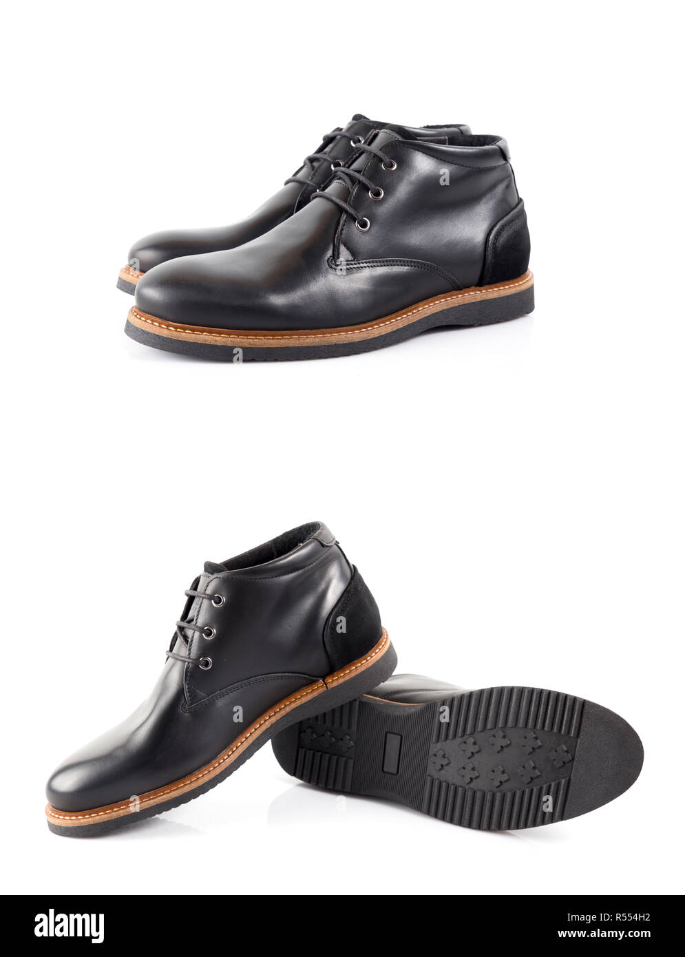 Paar Leder elegante Schuh auf weißem Hintergrund, isolierte Produkt, bequemes Schuhwerk. Stockfoto