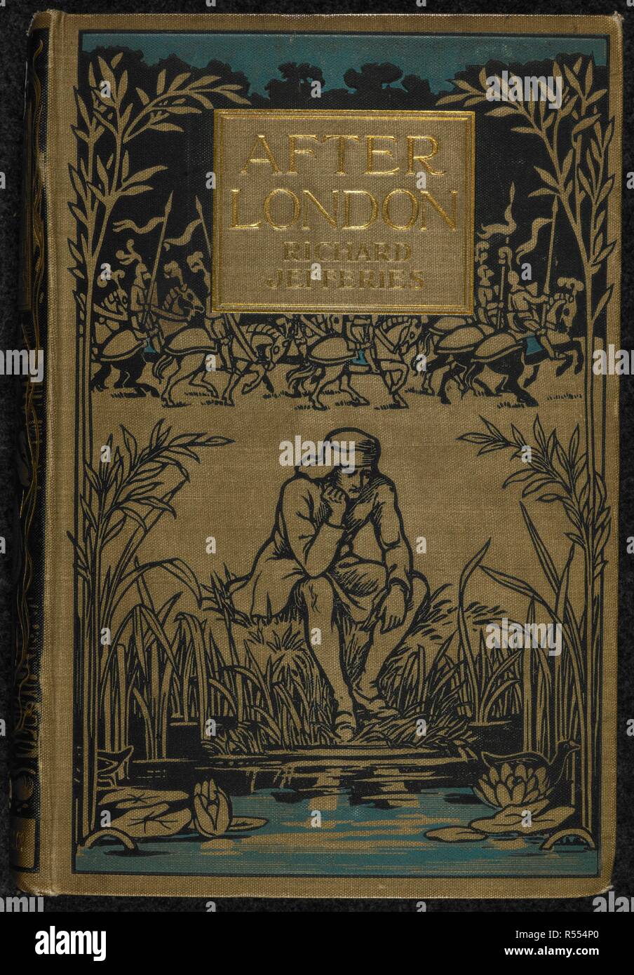 Eine illustrierte Frontabdeckung mit ein Mann sitzt an einem Teich. . Nach London; oder, wilde England. London: Duckworth & Co., 1905. Diese Geschichte ist ein frühes Beispiel für die 'post-apokalyptischen Fiktion'. Nach einer plötzlichen und unspezifizierte Katastrophe hat entvölkert England, die Landschaft wieder in der Natur, und die wenigen Überlebenden mit einem quasi-mittelalterlichen Lebens. Quelle: 012622.h.22, vordere Abdeckung. Sprache: Englisch. Autor: Jefferies, Richard. Stockfoto