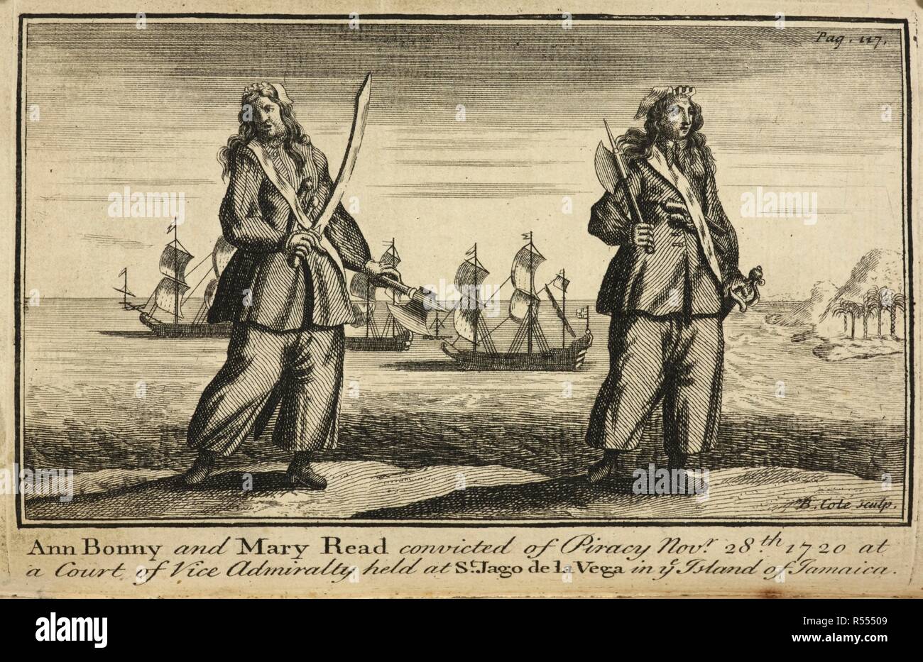 'Ann Bonny und Mary Read überführt der Piraterie 28. Nov. 1720 am Hof von vice Admiralty in St. Jago de la Vega in Ihr Insel Jamaika" statt. Eine allgemeine Geschichte der Überfälle und Morde der Berüchtigtsten Pyrates, und auch ihre Politik, der Disziplin und der Regierung, von ihrem ersten Aufstieg und Besiedlung der Insel von der Vorsehung, im Jahre 1717, für das laufende Jahr 1724 mit dem bemerkenswerten Aktionen und Abenteuer der beiden weiblichen pyrates, Mary Read und Anne Bonny... London: Ch. Rivington, 1724. Quelle: C.121. b. 24 gegenüberliegenden Seite 117. Sprache: Englisch. Autor: Johnson, Captain Charles, pseud. Stockfoto