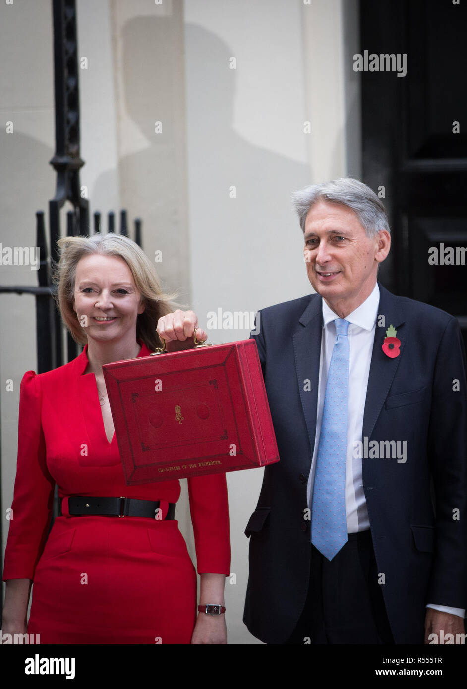 Schatzkanzler Philip Hammond fährt Nr. 11 Downing Street sein Budget dem Parlament vorzulegen. Mit: Liz Truss, Philip Hammond Wo: London, Vereinigtes Königreich, wenn: 29 Okt 2018 Credit: Wheatley/WANN Stockfoto