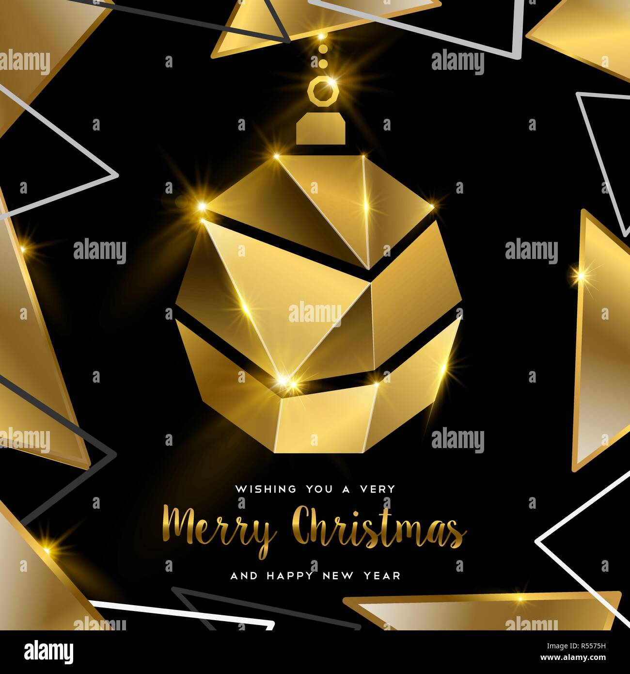 Frohe Weihnachten und guten Rutsch ins Neue Jahr Luxus golden Grußkarte Illustration, xmas bauble Ornament aus massivem Gold im 3D-Stil. Stock Vektor