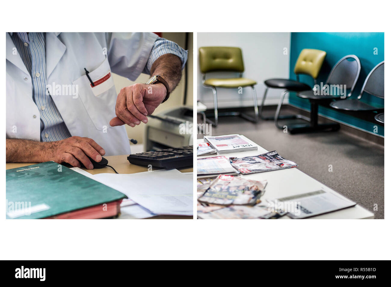 Das zusammengesetzte Bild eines Krankenhaus Arzt auf seine Uhr und eine leere Wartezimmer suchen. Abbildung: versäumte Termine nicht von Patienten abgebrochen. Stockfoto