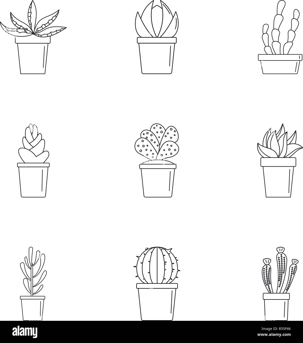 Cactus pot Icon Set. Umrisse Set von 9 Cactus pot Vector Icons für Web Design auf weißem Hintergrund Stock Vektor