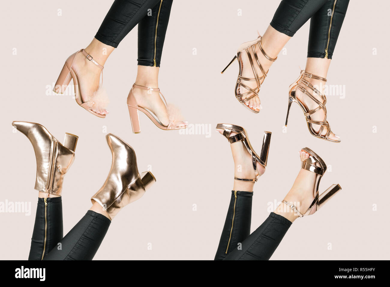 4 Paar Damenschuhe auf einem hellen Hintergrund Stockfoto