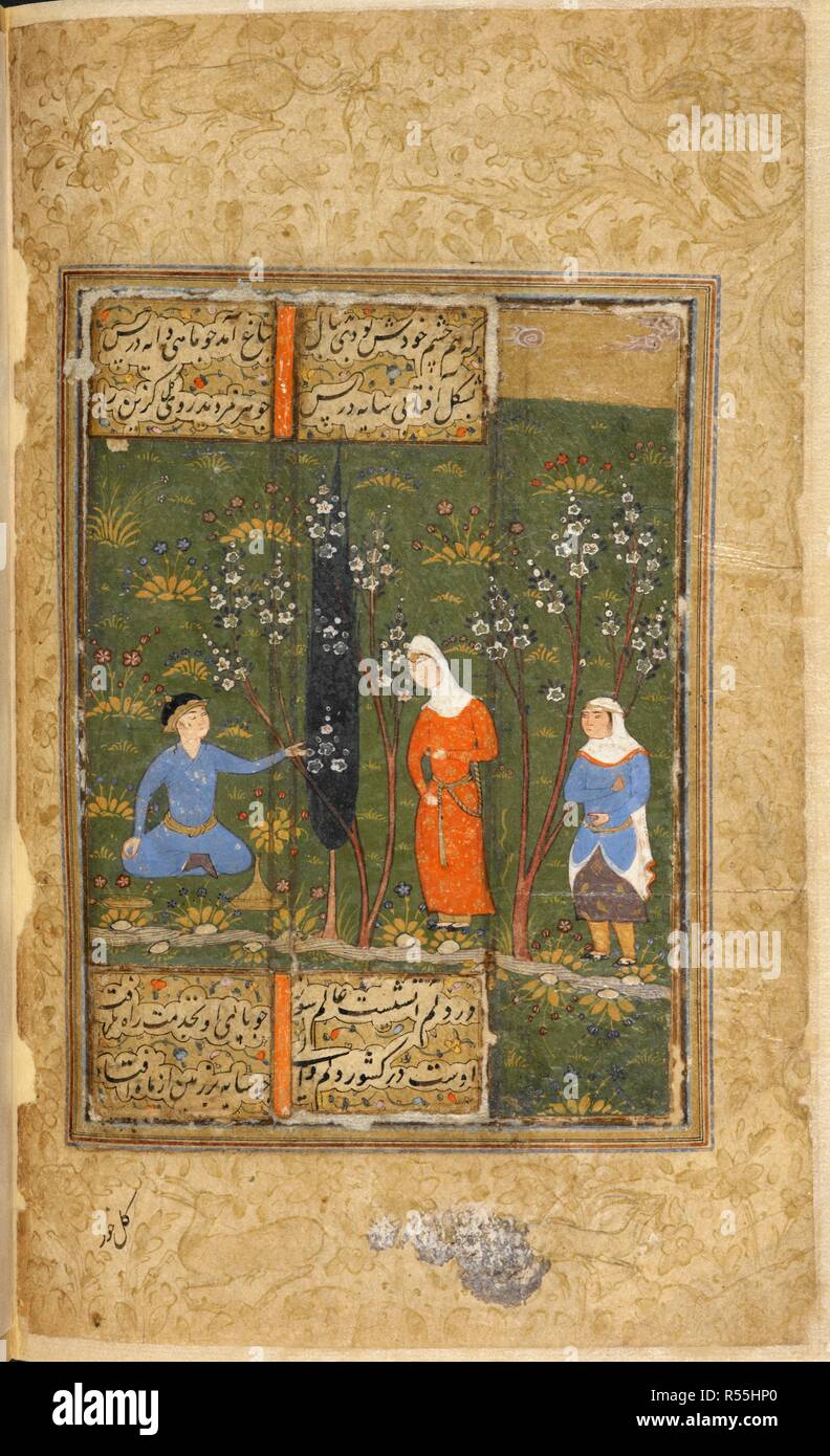 Eine Dame vor einem jungen Prinzen. Majalis al-'Ushshaq von Sultan Hussain Mirza. Shiraz, Iran, 1590-1600. Ein junger Prinz in einem Garten sitzen durch einen Strom von einer jungen Dame angesprochen und ihre Zofe (Abbildung an der Biographie von Shah Qaysar). Eine Miniaturmalerei vom sechzehnten Jahrhundert Manuskript der Majalis al-'Ushshaq (" die Versammlungen der Liebhaber"). Bild von Majalis al-'Ushshaq von Sultan Hussain Mirza. Ursprünglich veröffentlicht in Schiraz, Iran, 1590-1600 produziert. Quelle: I.O. Islamische 1138, f 137 v. Sprache: Persisch. Stockfoto