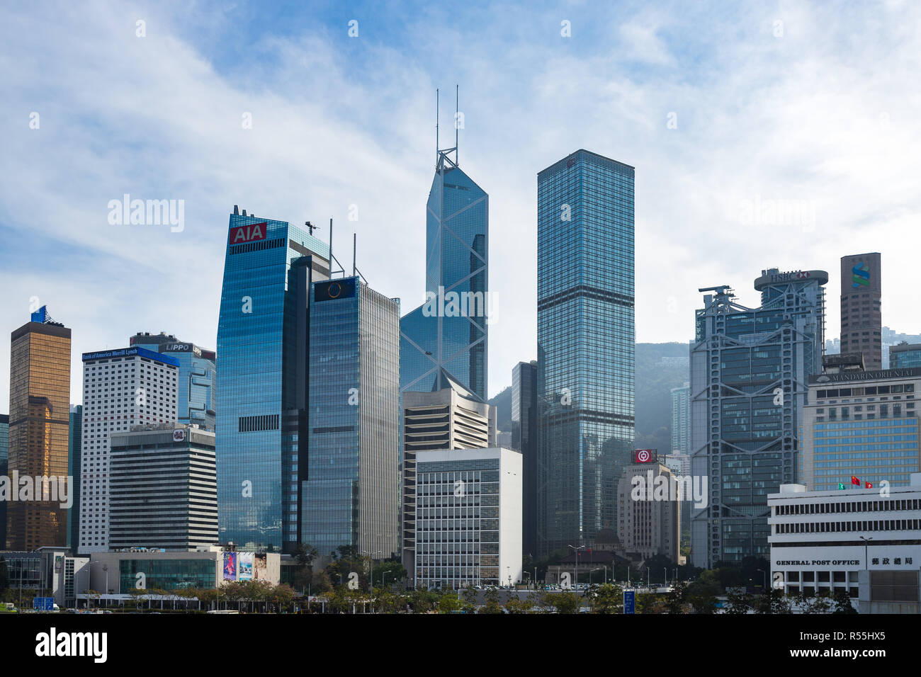 Hong Kong Central Skyline und Wolkenkratzer. Hong Kong, Januar 2018 Stockfoto