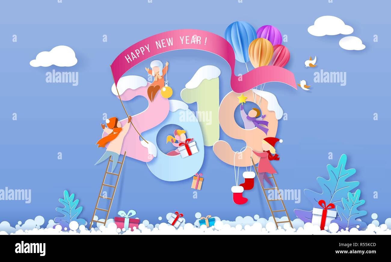 2019 Neues Jahr design Karte mit Kindern auf blauer Winter Hintergrund. Vector Illustration. Papier geschnitten und Handwerk Stil. Stock Vektor