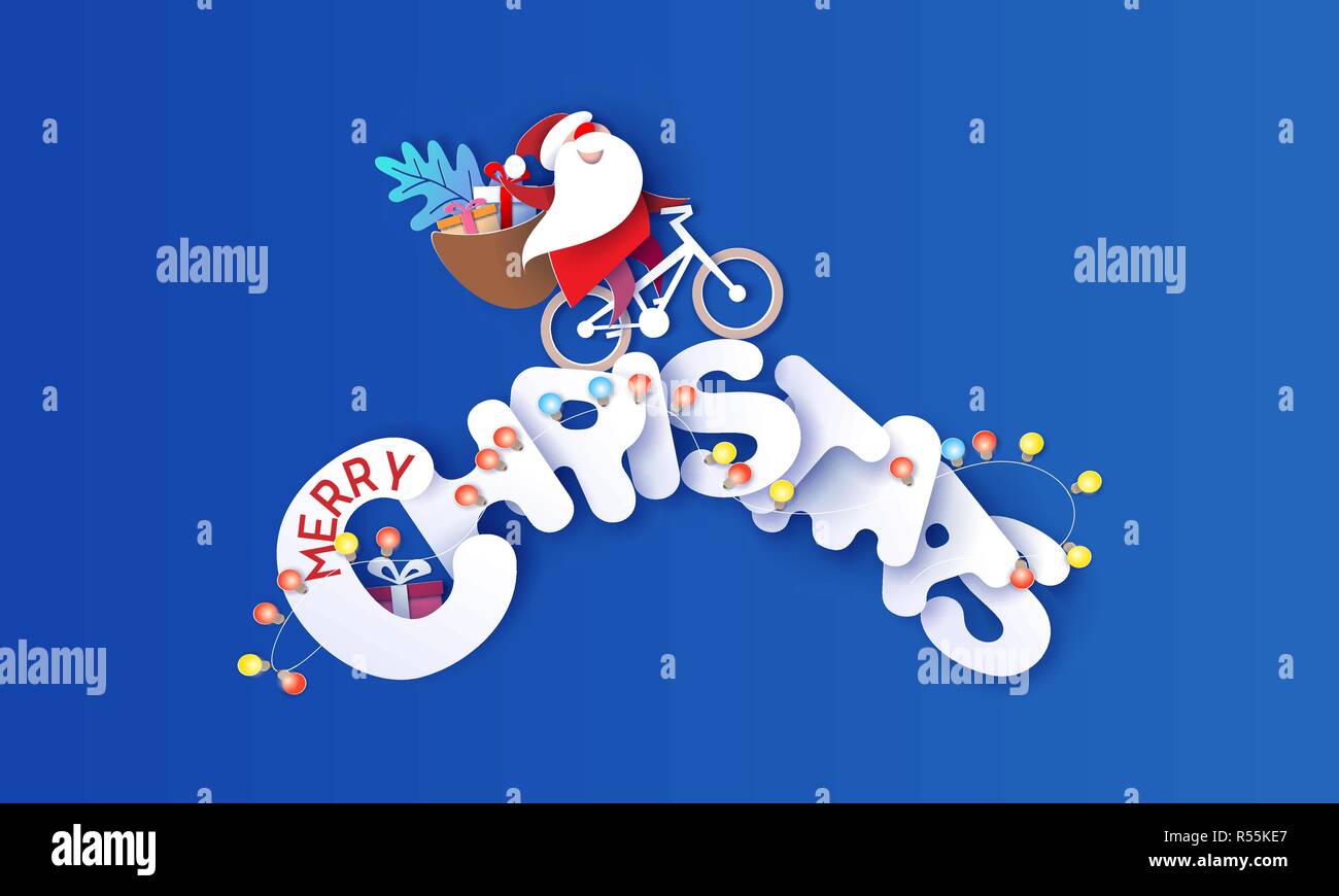 Frohe Weihnachten design Karte mit Weihnachtsmann und Kinder fahren gelben Bus auf großen Schnee Briefe und blauer Himmel. Vektor Papier art Illustration. Papier geschnitten und Handwerk Stil. Stock Vektor