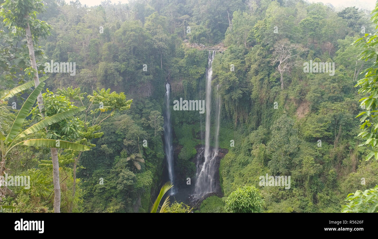 Wasserfall im grünen Regenwald. Luftaufnahme triple tropischen Wasserfall Sekumpul in den Dschungel. Bali, Indonesien. Travel Concept. Stockfoto