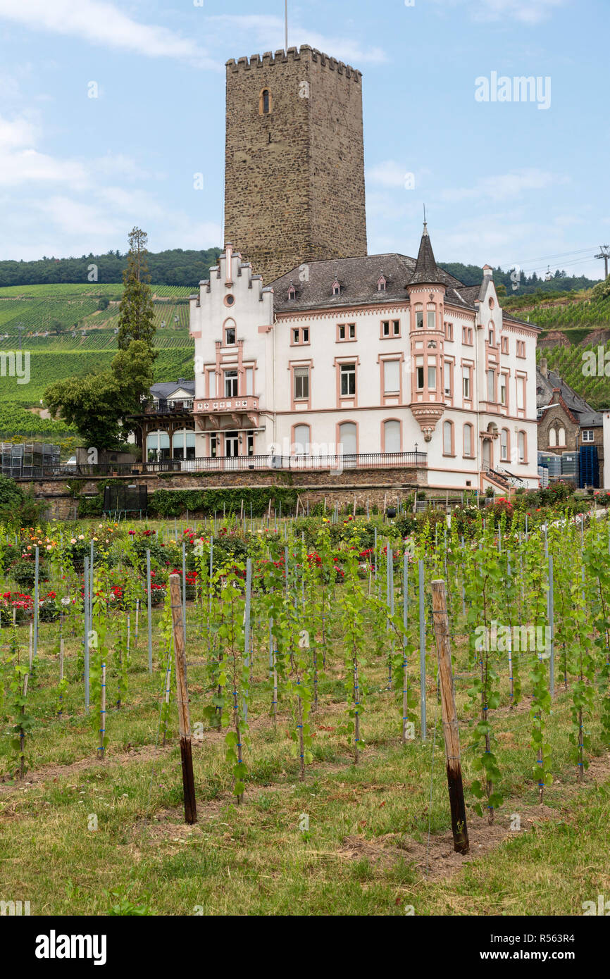 Rüdesheim, Hessen, Deutschland. Schloss Boosenburg. 12th-century Tower, Mitte des 19. Jahrhunderts neo-gotische Residenz. Stockfoto