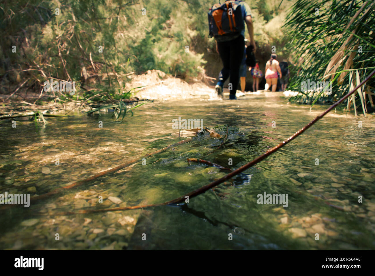 Gruppe von Backpackers Wattiefe kalten Fluss Stockfoto